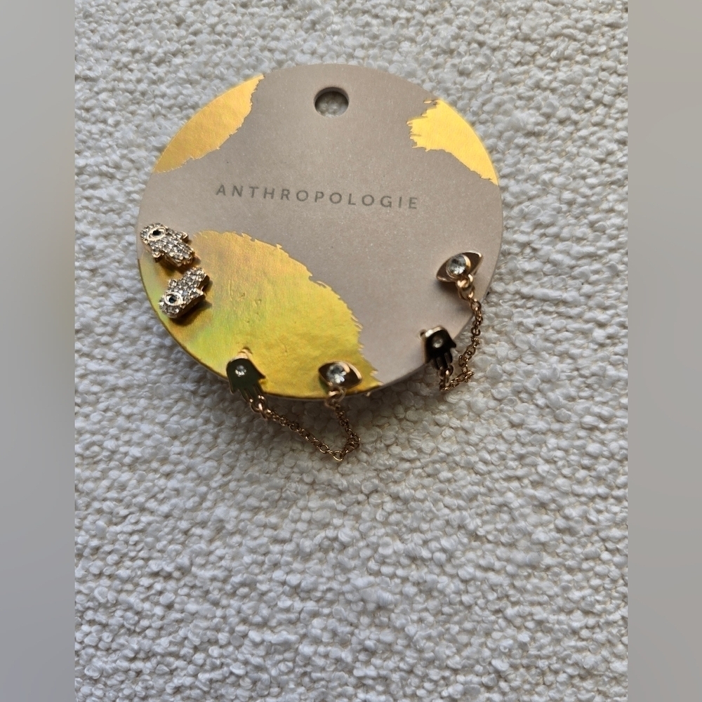 NWT! Anthropologie, Hamsa and Evil Eye Earring Set, 14k Gold Plated, MSRP $58